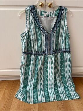 J. Jill Teal and White Embroidered V-Neck Summer Dress Petite Medium